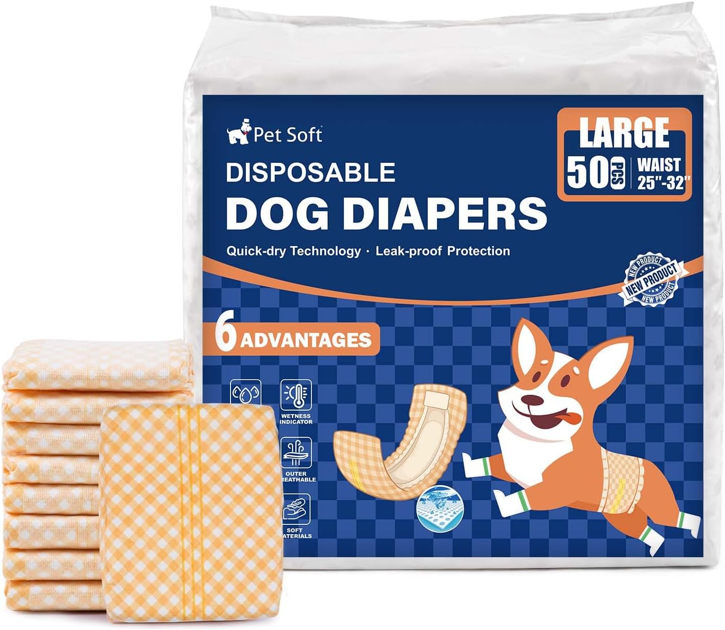 Pet Soft Male Dog Wraps - Disposable Dog Dipaers Male Wetness Indicator, Ultra Absorbent Puppy Diapers for Excitable Urination or Incontinence, 50pcs Small