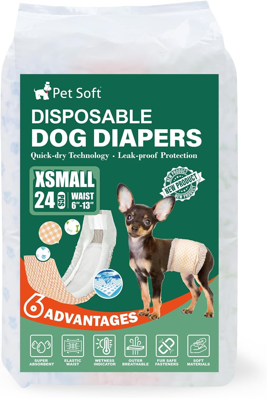 Pet Soft Disposable Dog Dipaers - Male Dog Wraps Wetness Indicator, Ultra Absorbent Puppy Diapers Male for Excitable Urination or Incontinence, 24pcs XSmall