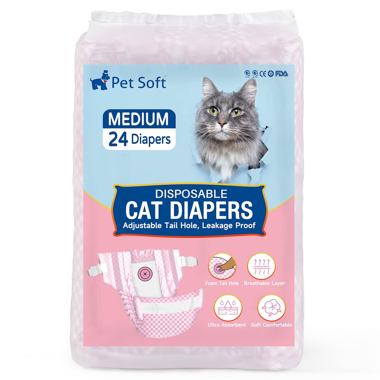 Disposable Cat Diapers, Adjustable Foam Tail Hole, 24 Pcs, 1 Pack