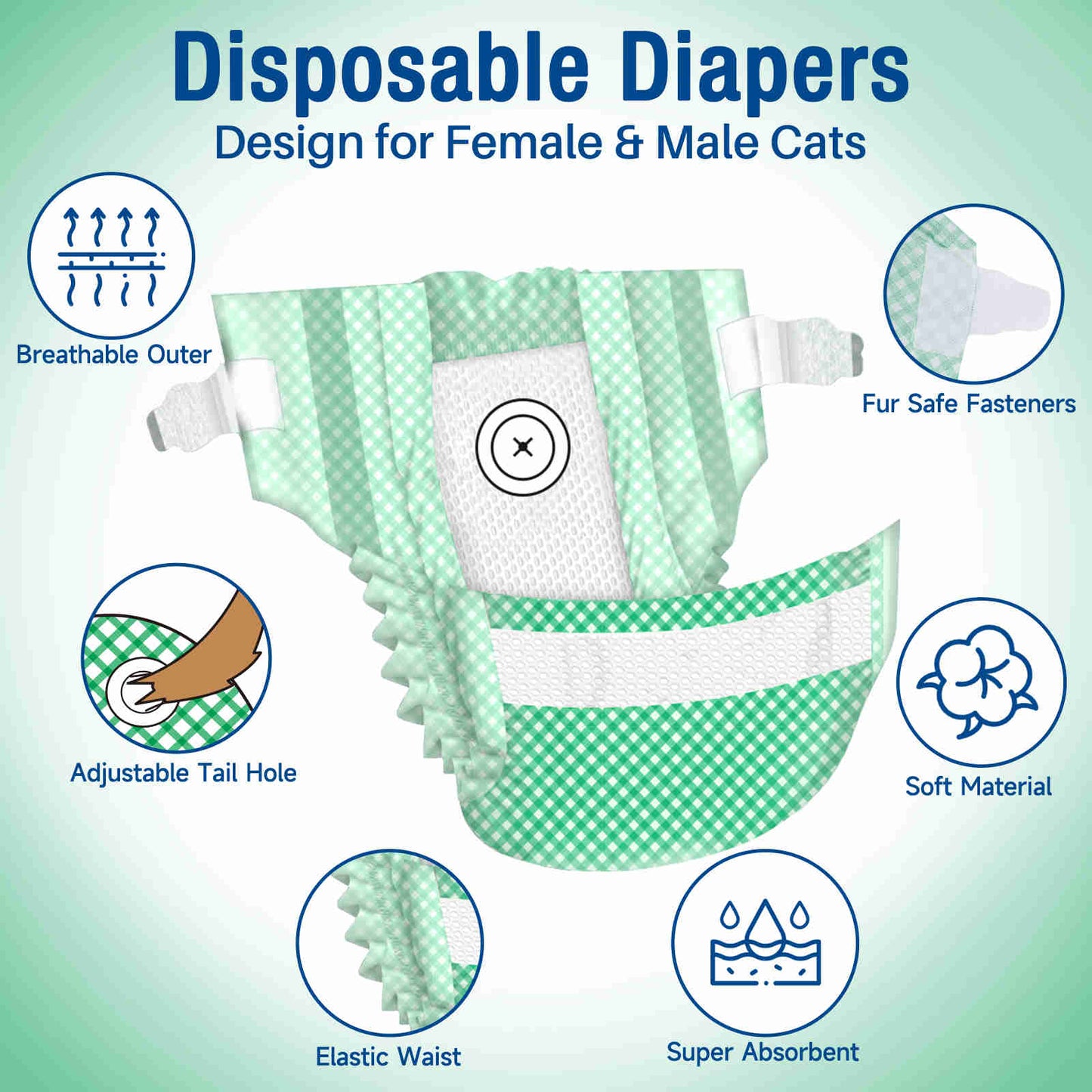 Disposable Cat Diapers, Adjustable Foam Tail Hole, Green, 24 Pcs, 1 Pack