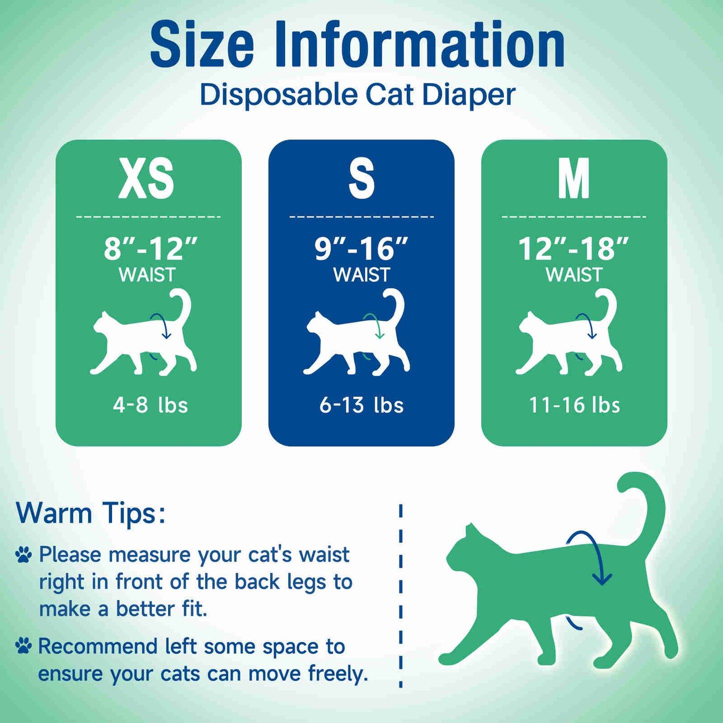 Disposable Cat Diapers, Adjustable Foam Tail Hole, Green, 24 Pcs, 1 Pack