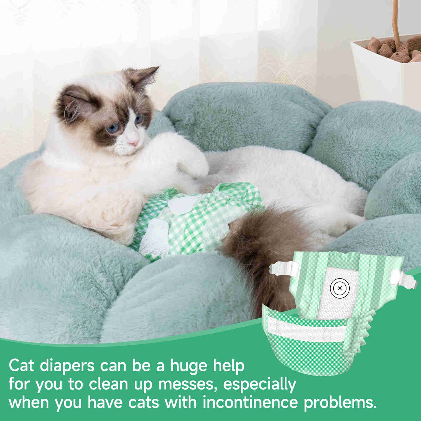Disposable Cat Diapers, Adjustable Foam Tail Hole, Green, 24 Pcs, 1 Pack