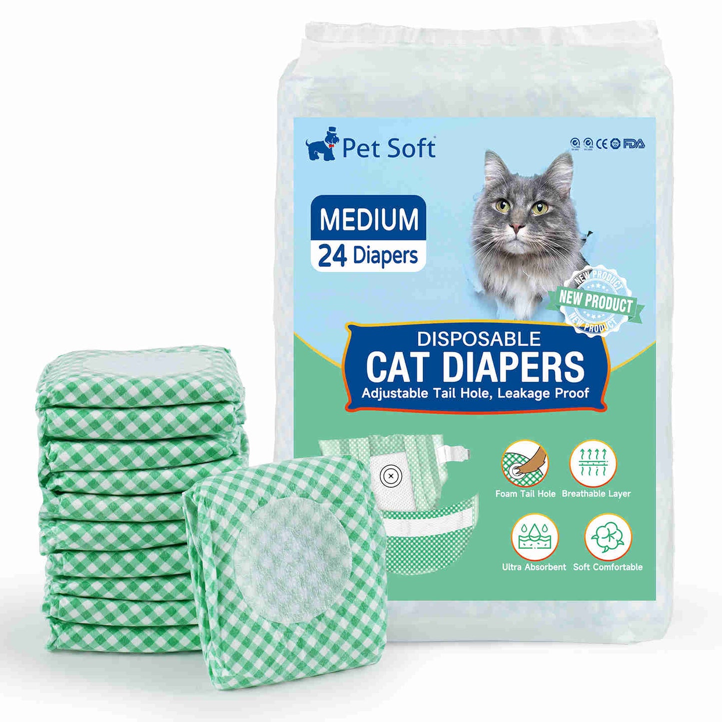 Disposable Cat Diapers, Adjustable Foam Tail Hole, Green, 24 Pcs, 1 Pack