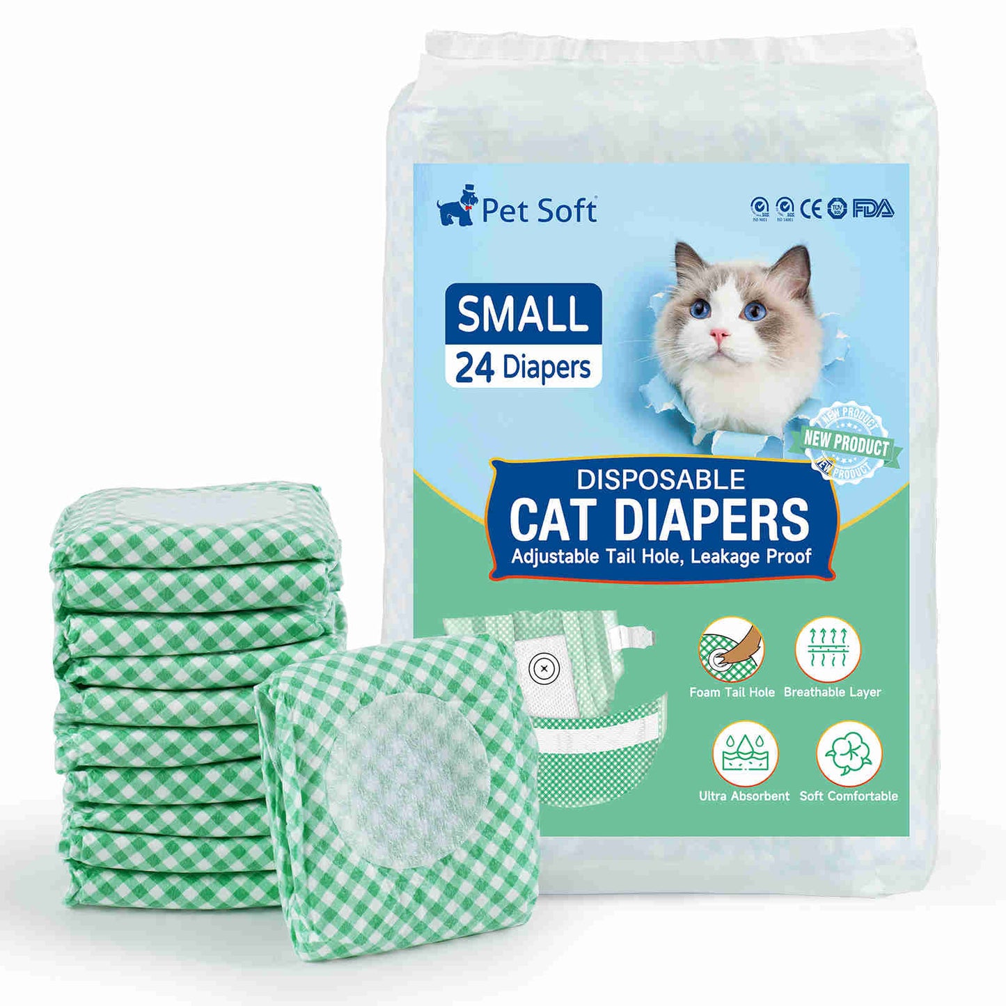 Disposable Cat Diapers, Adjustable Foam Tail Hole, Green, 24 Pcs, 1 Pack