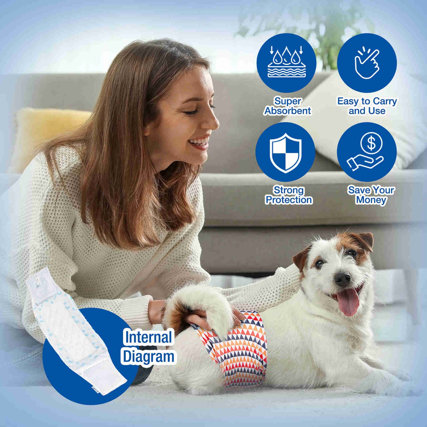 Disposable Dog Diaper Liners, Fit Most Dog Wraps and Belly Bands, Blue, 1 Pack
