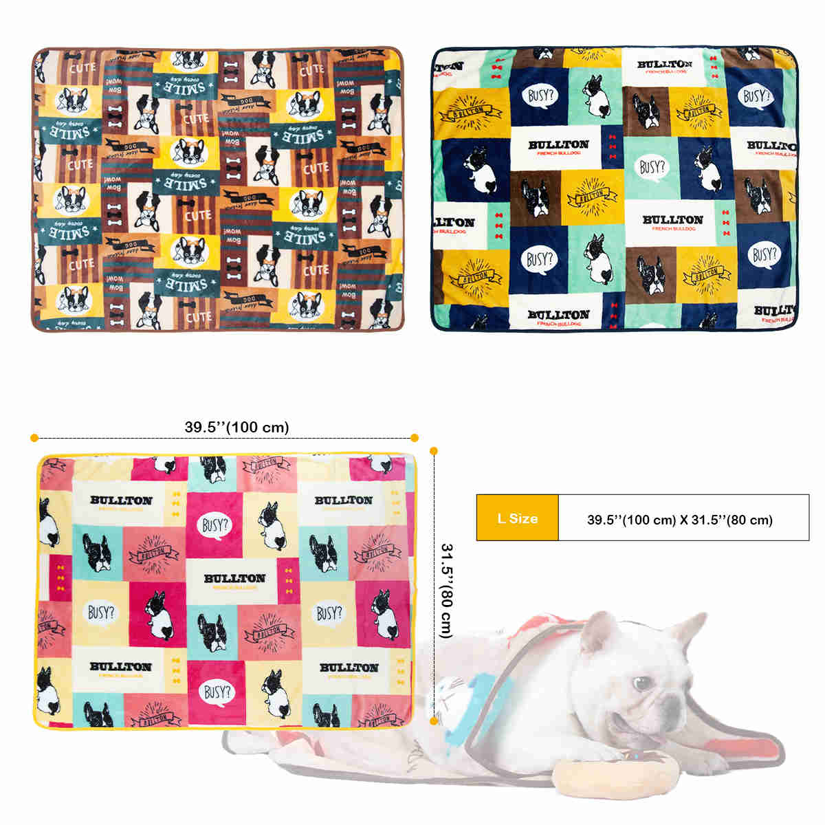 Fluffy Cats Dogs Blankets, 3 Pack (French Bulldog, L)