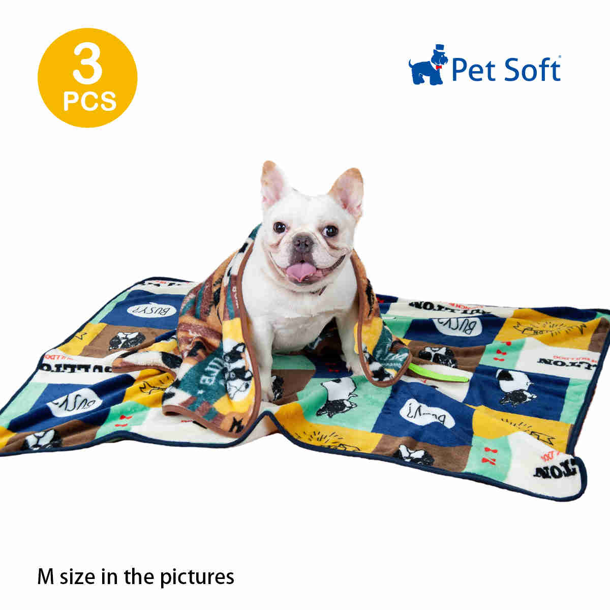 Fluffy Cats Dogs Blankets, 3 Pack (French Bulldog, L)