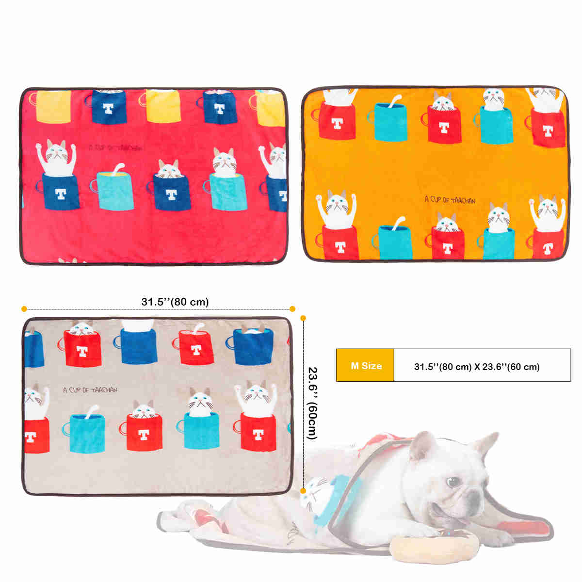 Fluffy Cats Dogs Blankets, 3 Pack (French Bulldog, M)