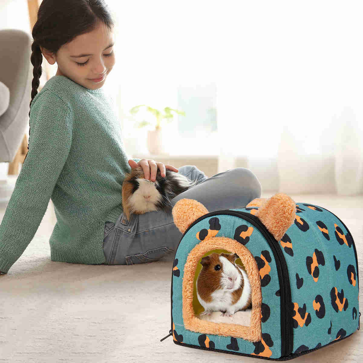 Guinea Pig Hideout,Bunny Bed, Small Animal Bed, Small Animal Bed, 1 Pack (Leopard Blue)