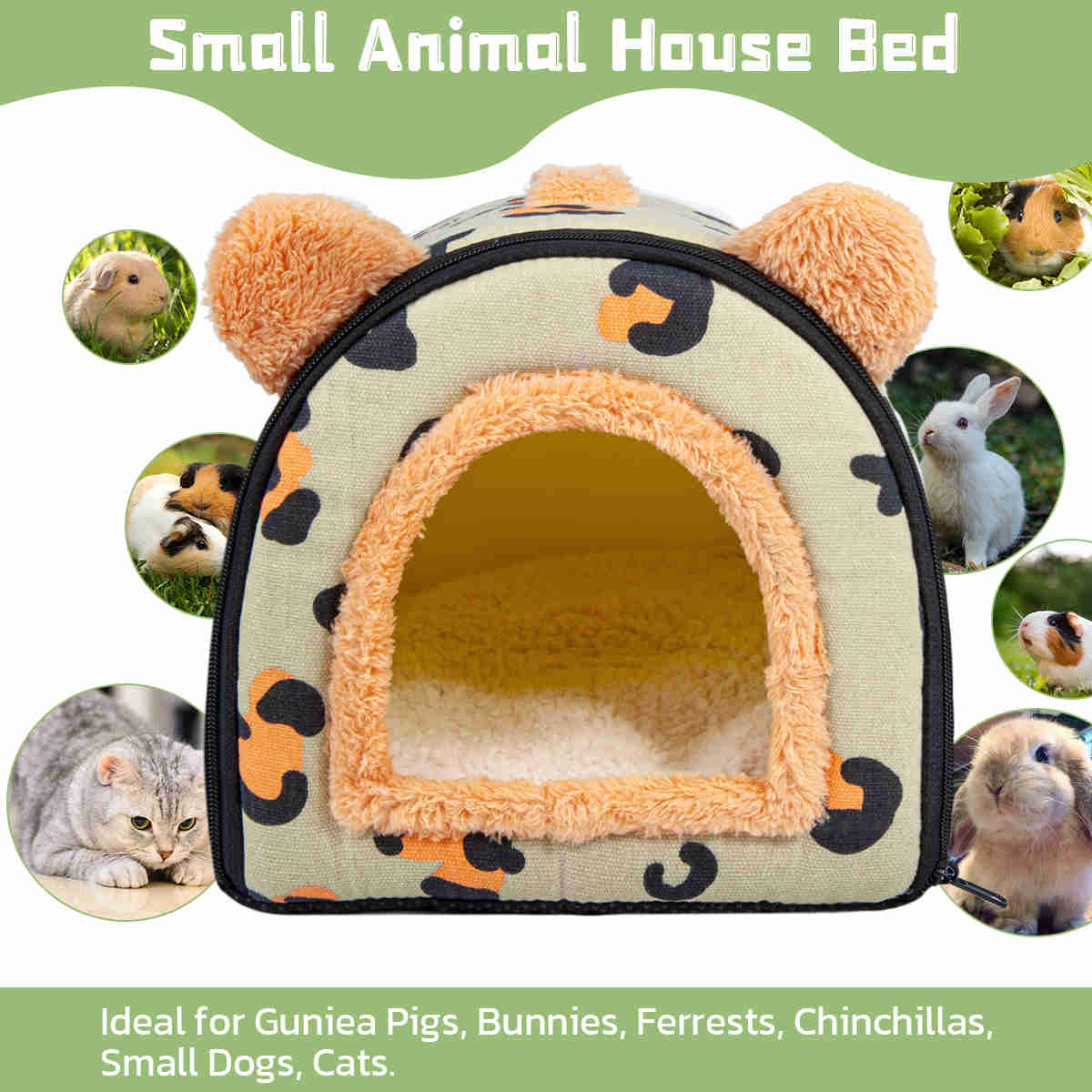 Guinea Pig Hideout,Bunny Bed, Small Animal Bed, Small Animal Bed, 1 Pack (Leopard Green)