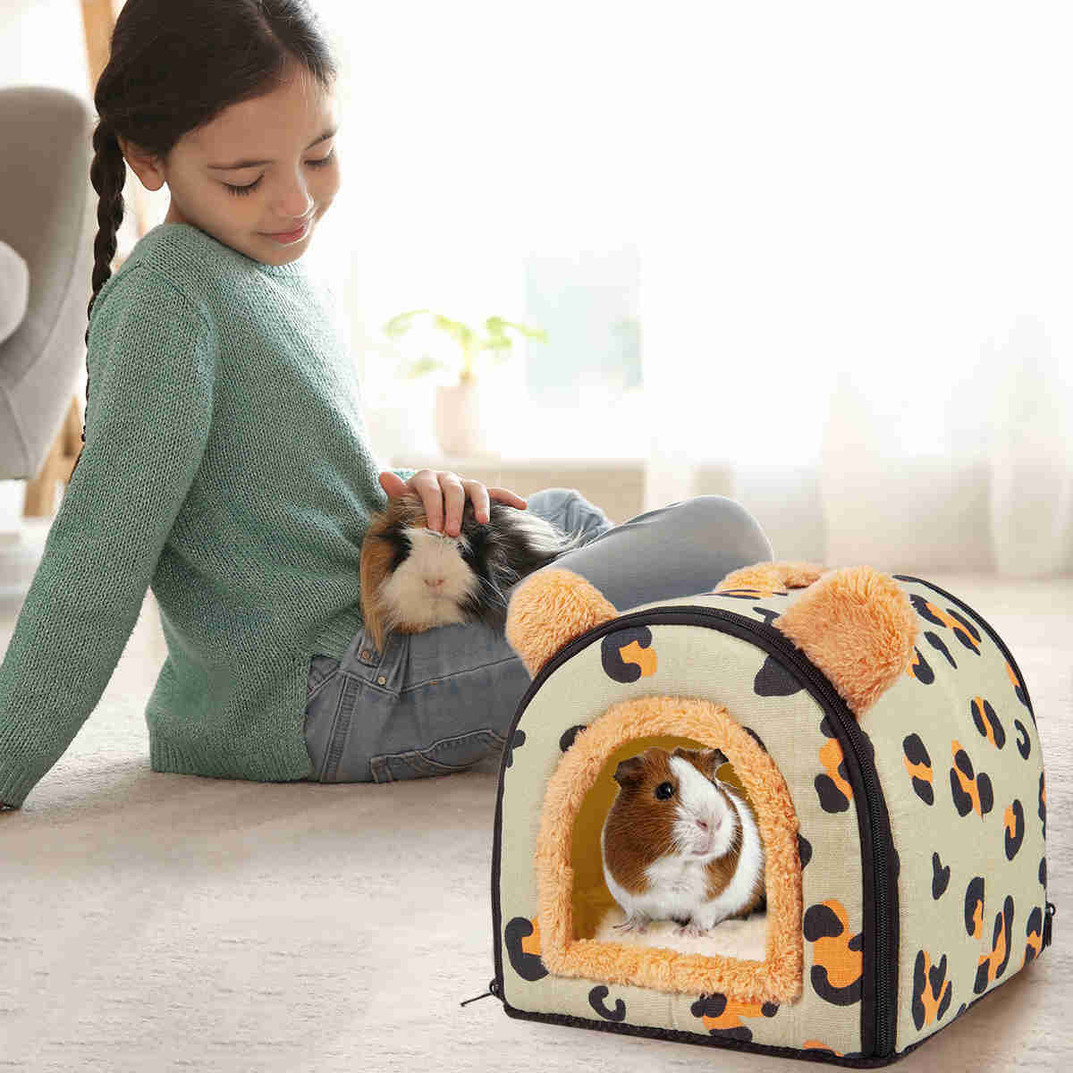 Guinea Pig Hideout,Bunny Bed, Small Animal Bed, Small Animal Bed, 1 Pack (Leopard Green)