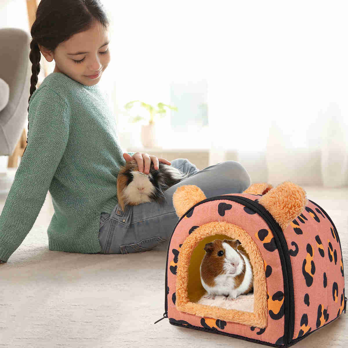 Guinea Pig Hideout,Bunny Bed, Small Animal Bed, Small Animal Bed, 1 Pack (Leopard Pink)
