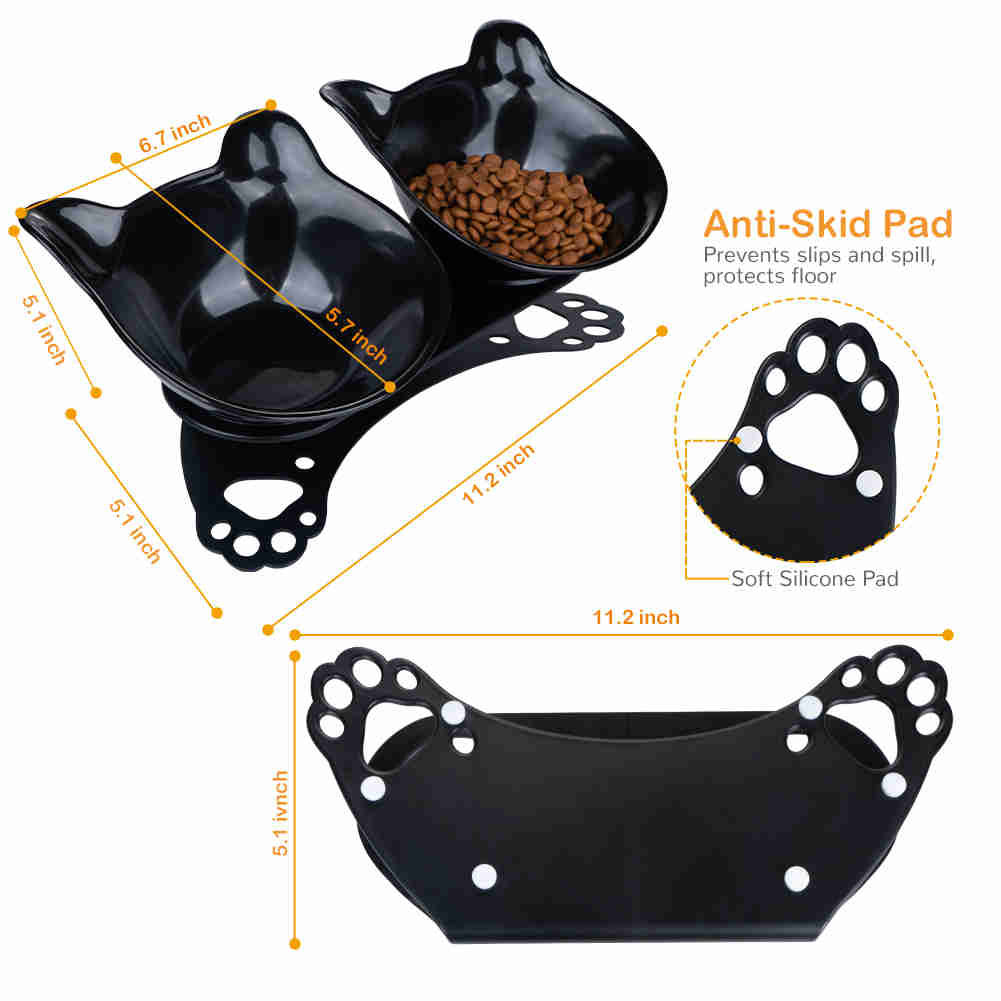 Tilted 15° Plastic Double Cat Feeding Bowls with Stand (Black)