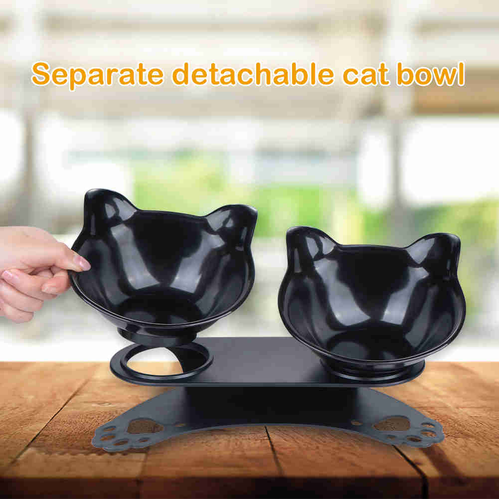 Tilted 15° Plastic Double Cat Feeding Bowls with Stand (Black)