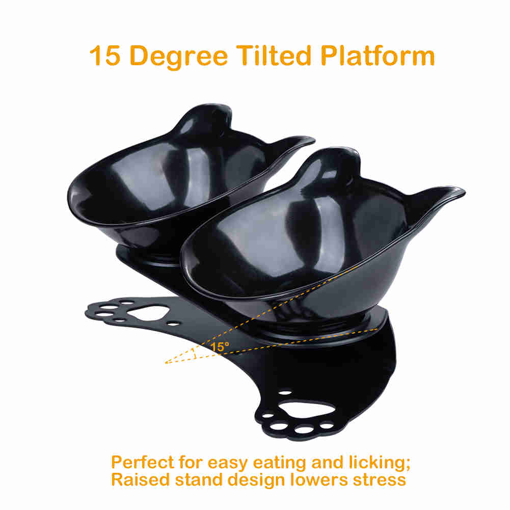 Tilted 15° Plastic Double Cat Feeding Bowls with Stand (Black)