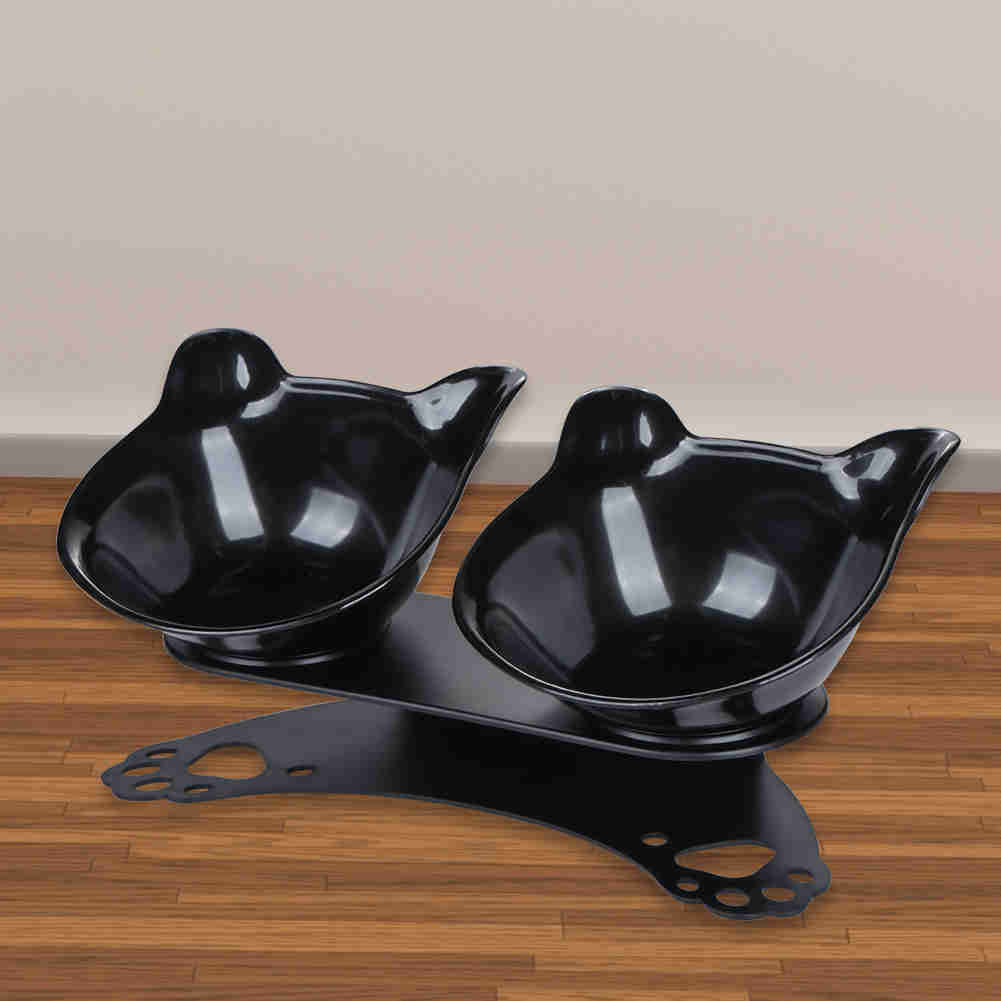 Tilted 15° Plastic Double Cat Feeding Bowls with Stand (Black)