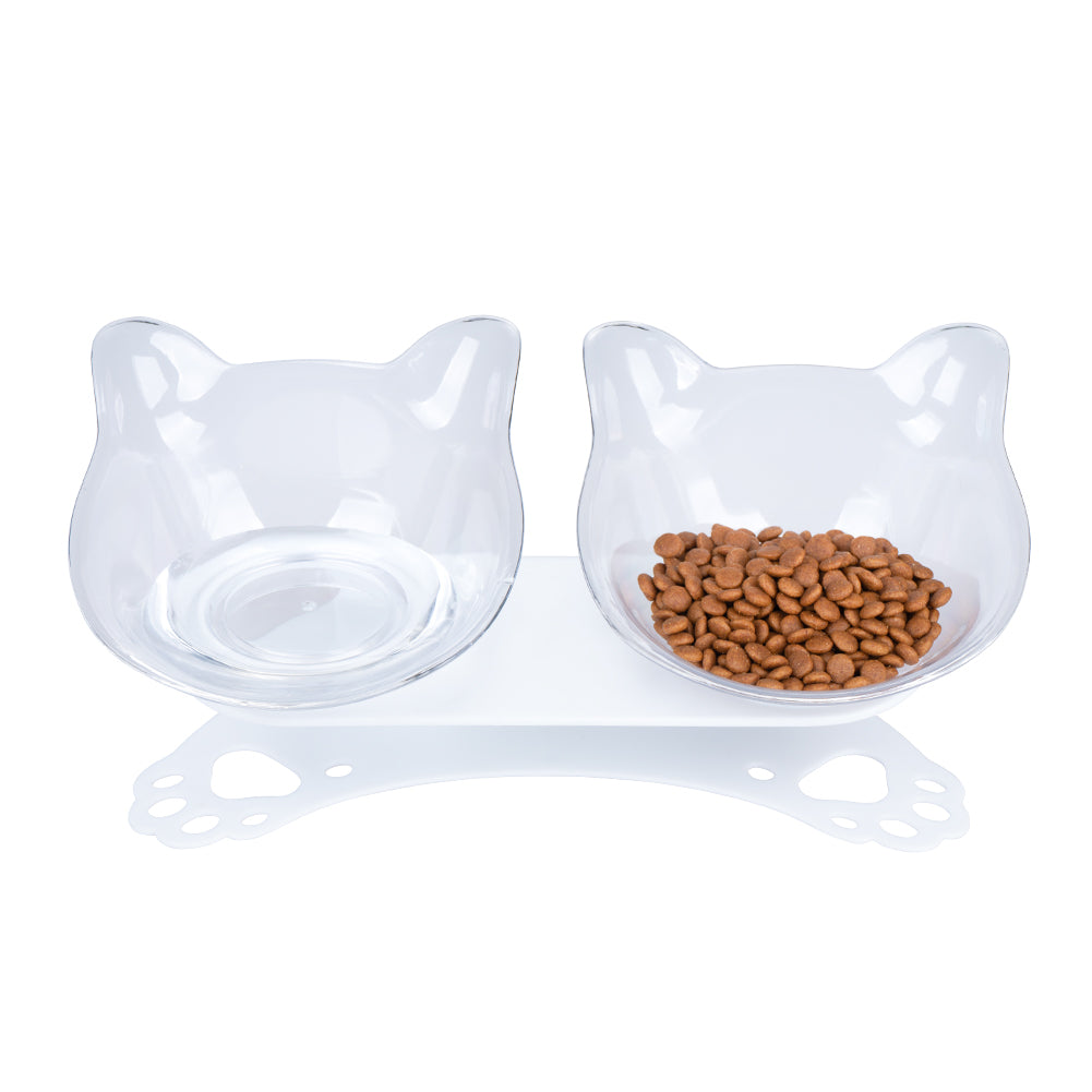 Tilted 15° Plastic Double Cat Feeding Bowls with Stand (Transparent)