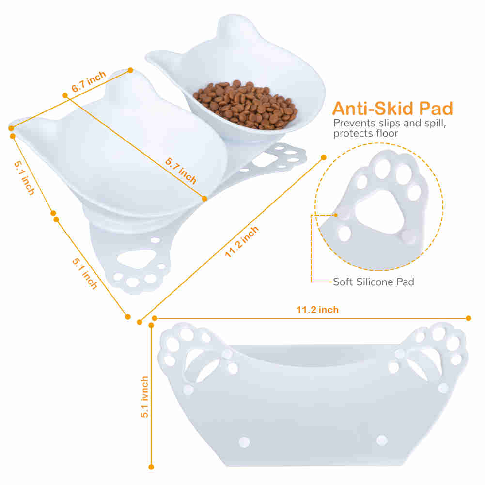 Tilted 15° Plastic Double Cat Feeding Bowls with Stand (White)