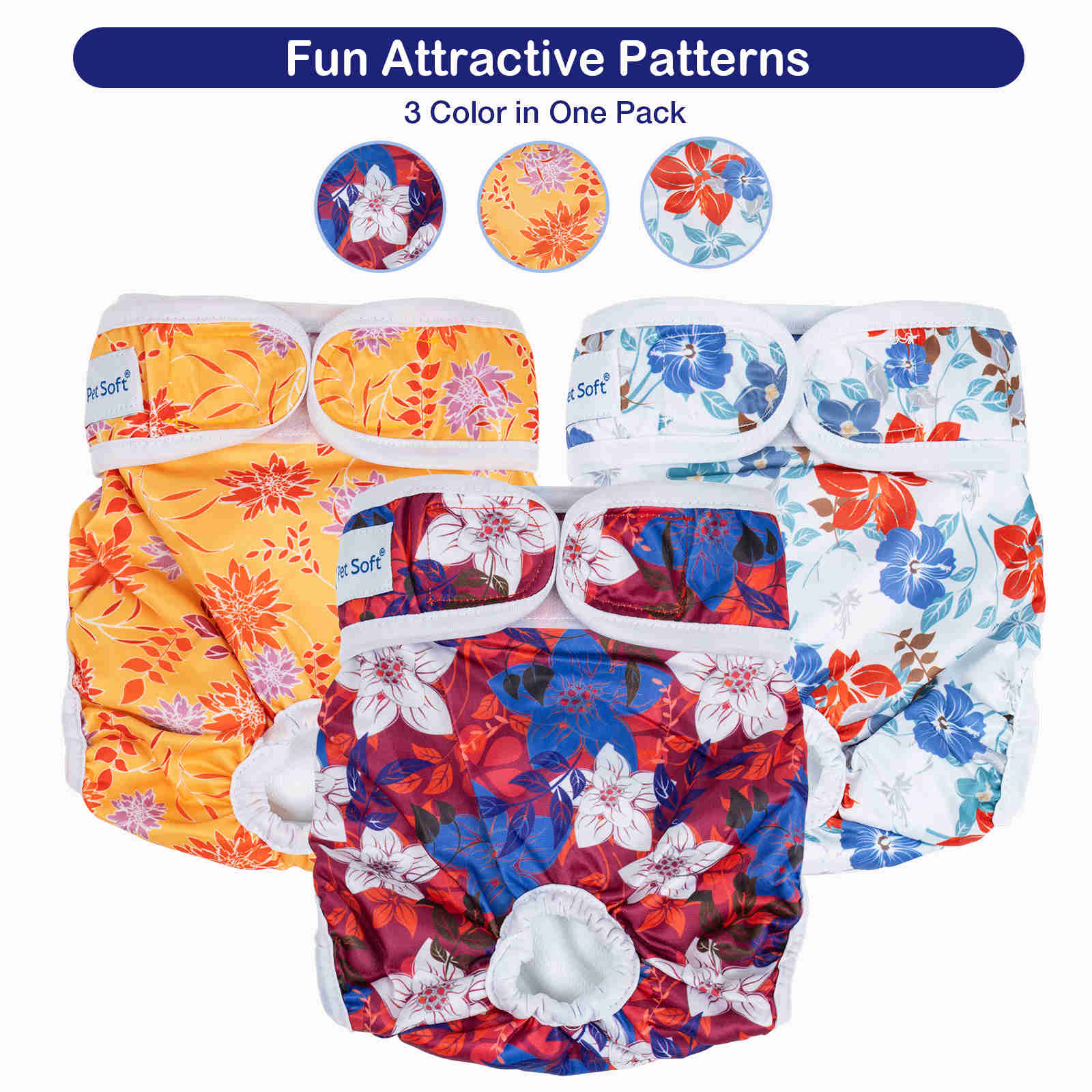 Washable Female Dog Diapers, Reusable Doggy Diapers, 3 Pack (Palm leaves)