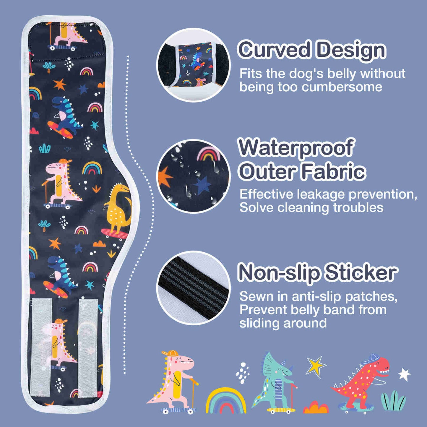 Washable Male Dog Diapers, Reusable Doggy Diapers, 3 Pack (DinoⅡ)