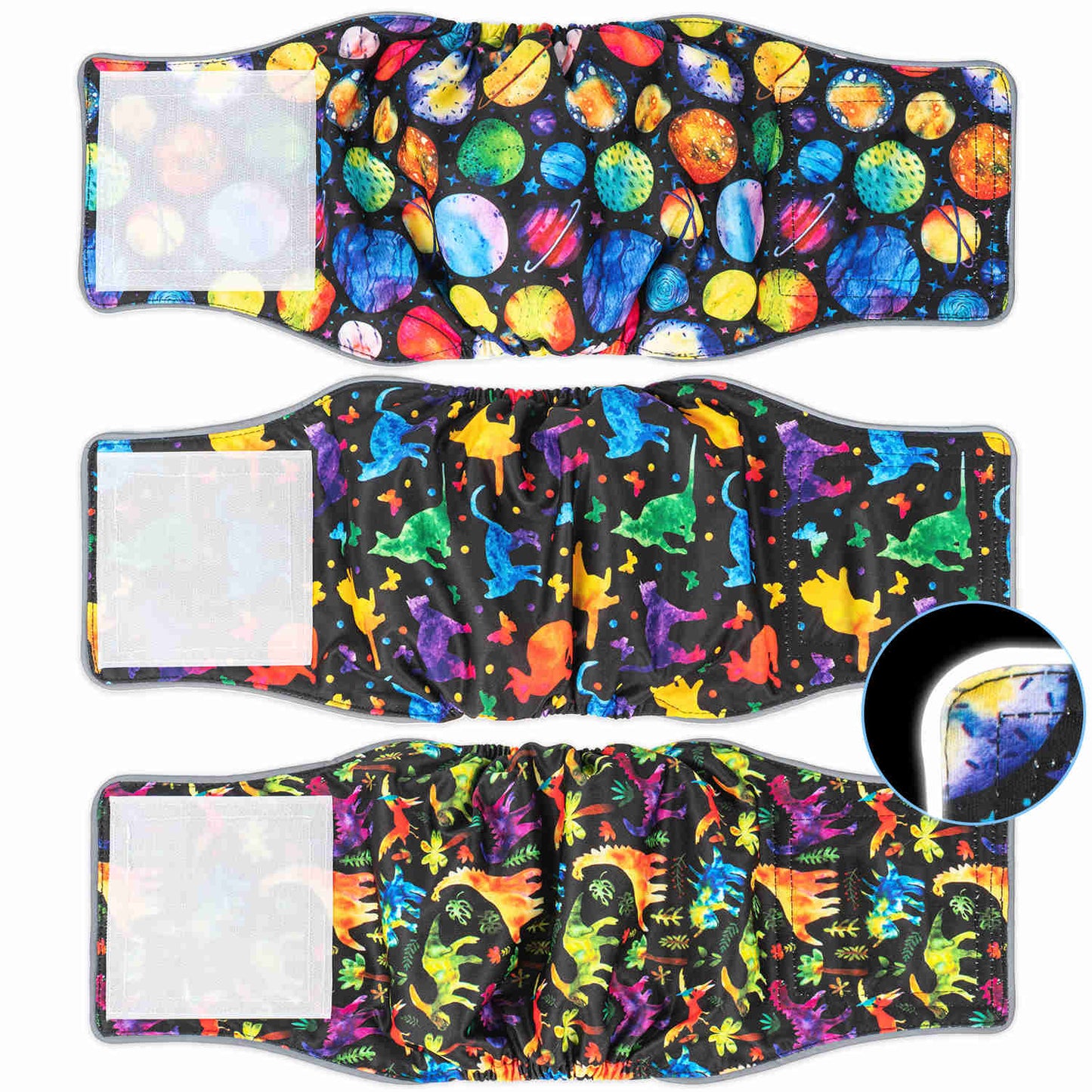 Washable Male Dog Diapers, Reusable Doggy Diapers, 3 Pack (Dino)