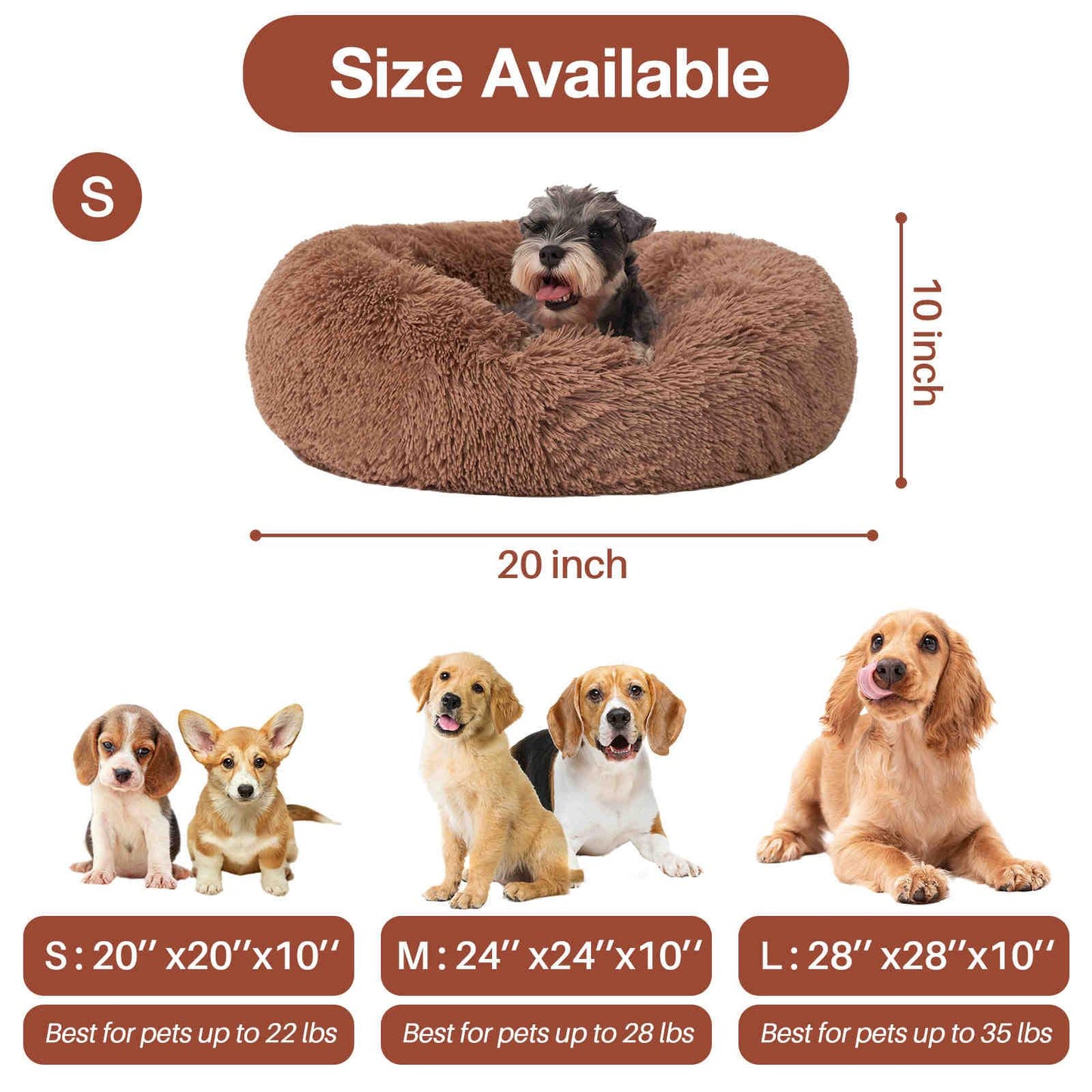 Cuddler Plush Pet Bed, Washable, Brown