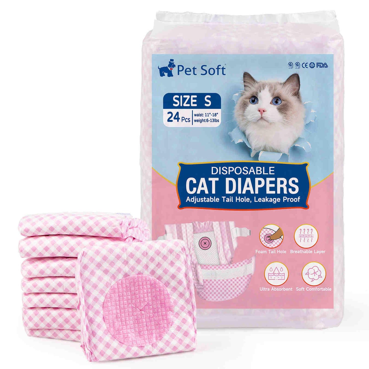 Disposable Cat Diapers, Adjustable Foam Tail Hole, 24 Pcs, 1 Pack