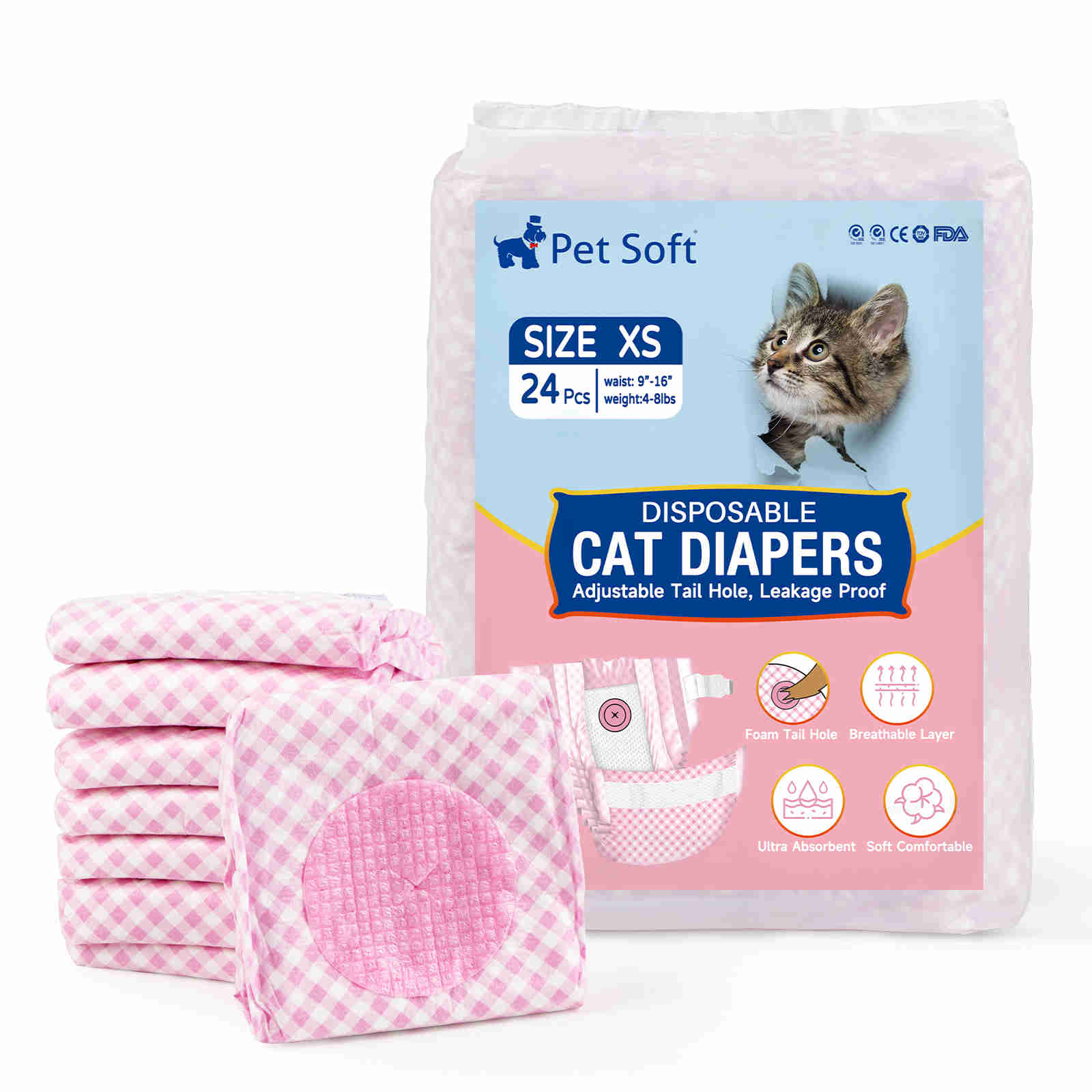 Disposable Cat Diapers, Adjustable Foam Tail Hole, 24 Pcs, Pack