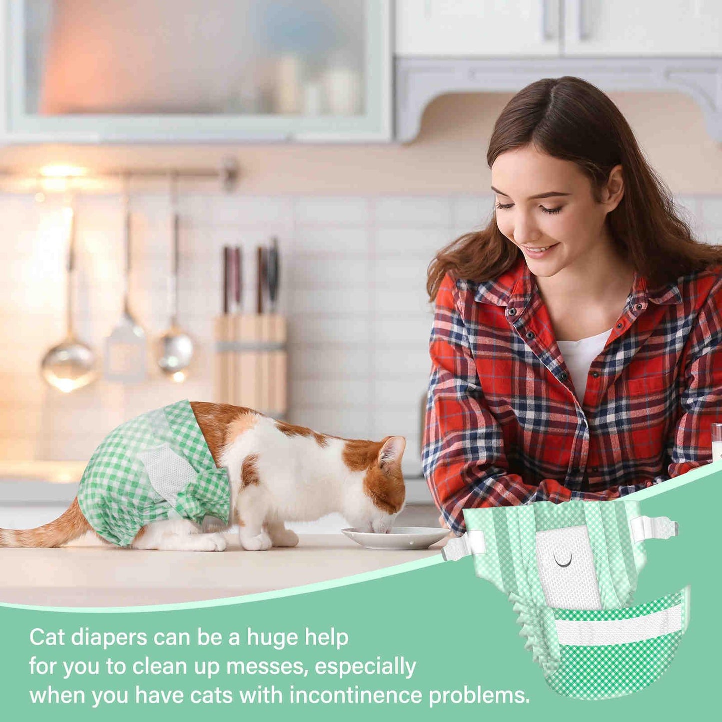 Disposable Cat Diapers, Green Plaid Pattern