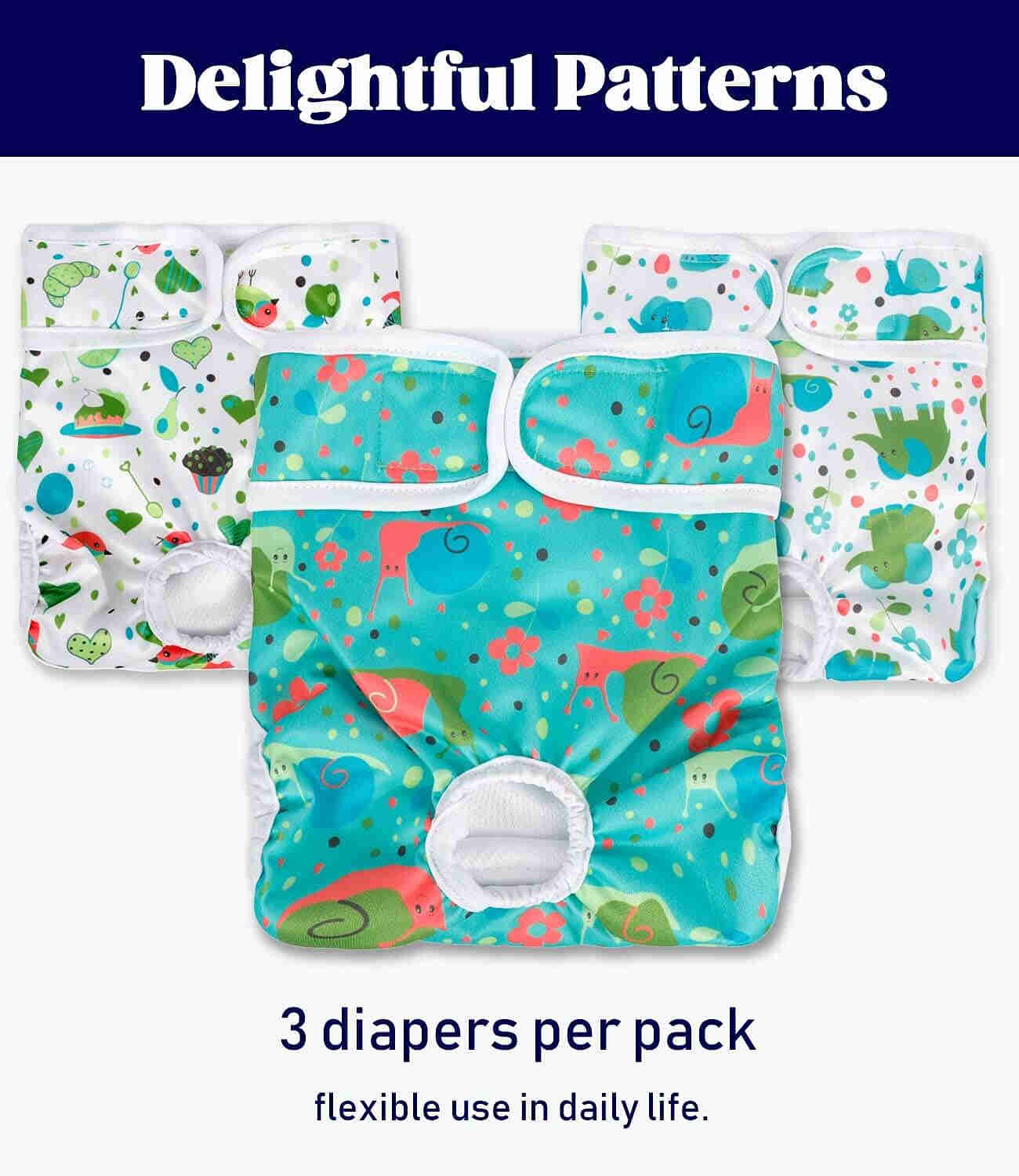 Washable Female Dog Diapers, Reusable Doggy Diapers, 3 Pack (Animals)