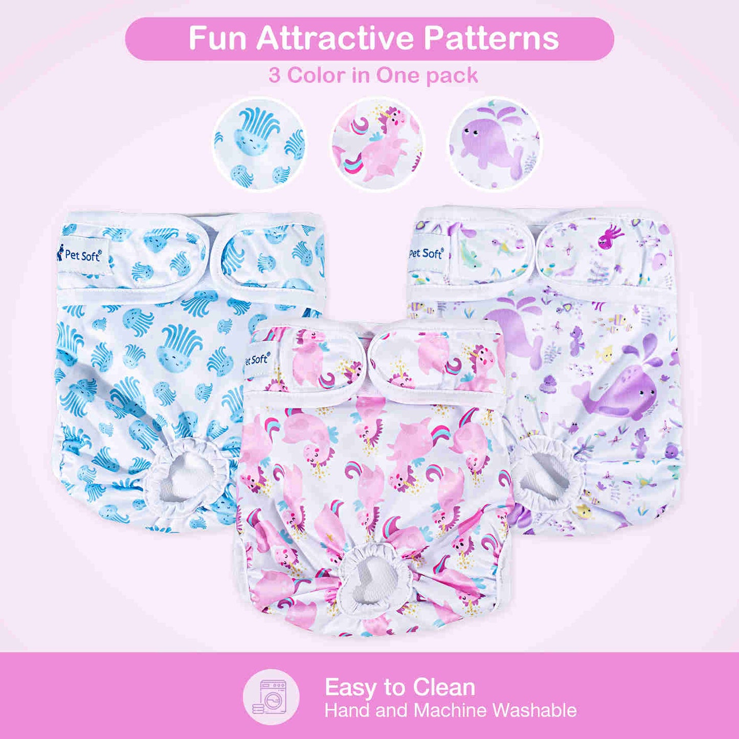 Washable Female Dog Diapers, Reusable Doggy Diapers, 3 Pack (Ocean)