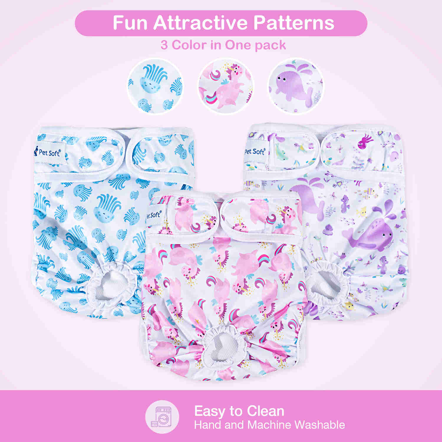 Washable Female Dog Diapers, Reusable Doggy Diapers, 3 Pack (Ocean)