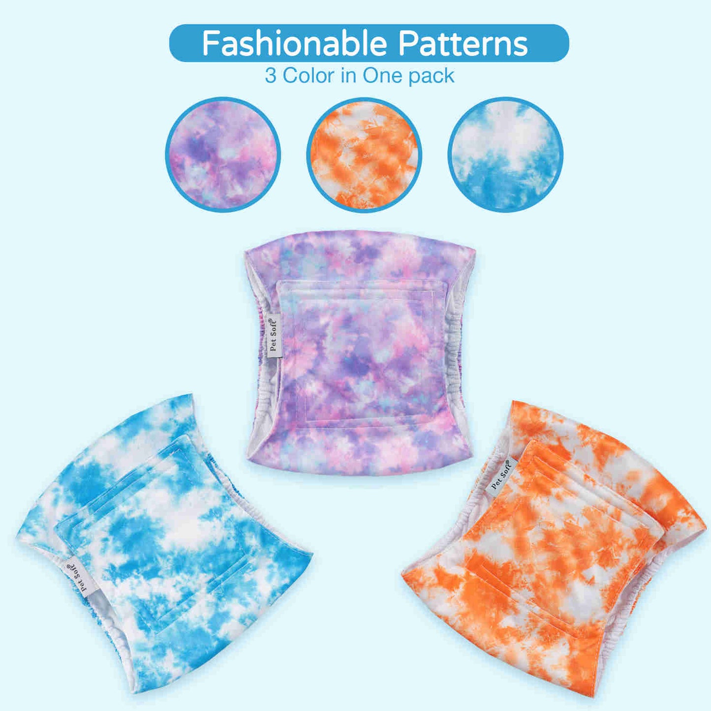 Washable Male Dog Diapers, Reusable Doggy Diapers, 3 Pack (Dyeing)
