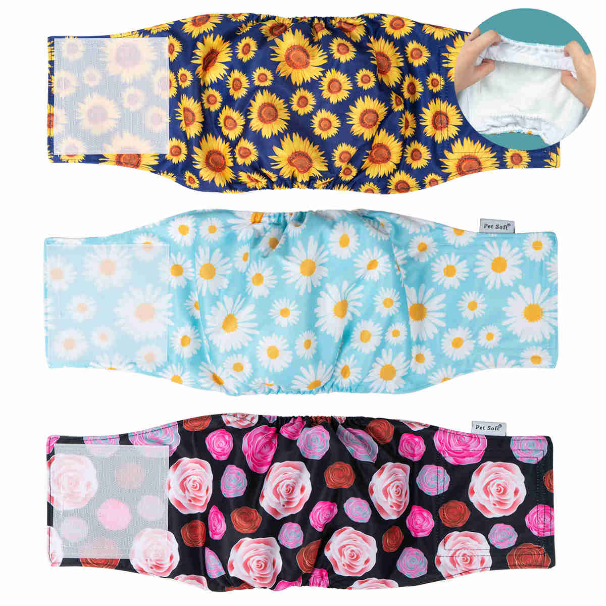 Washable Male Dog Diapers, Reusable Doggy Diapers, 3 Pack (Flower)