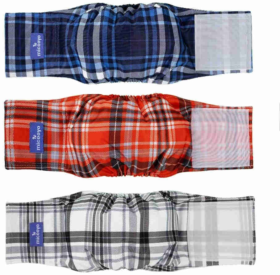 Washable Male Dog Diapers, Reusable Doggy Diapers, 3 Pack (Grid)