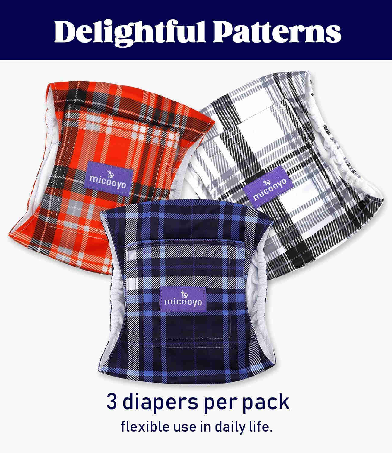 Washable Male Dog Diapers, Reusable Doggy Diapers, 3 Pack (Grid)