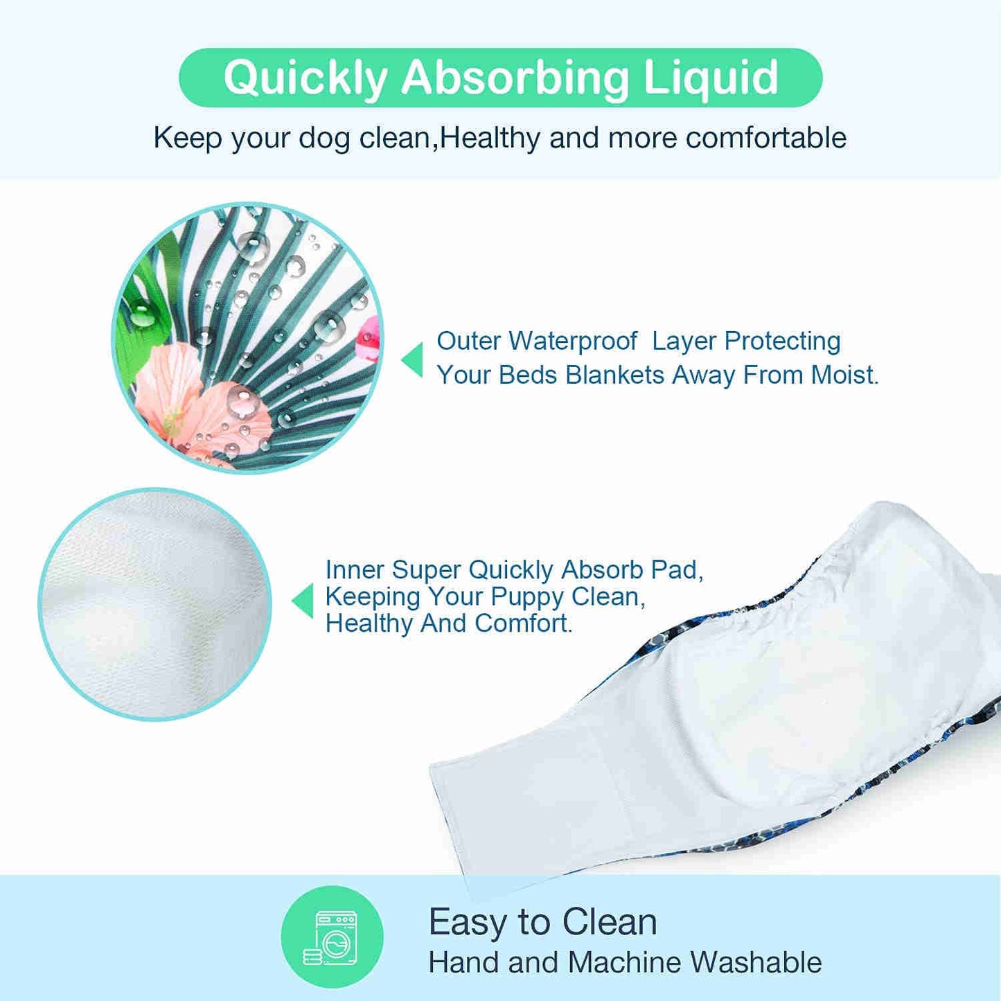 Washable Male Dog Diapers, Reusable Doggy Diapers, 3 Pack (Leaves)