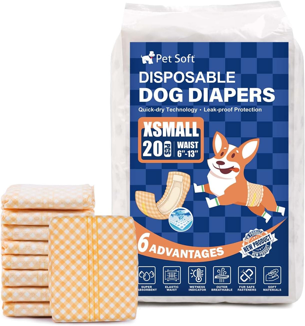 Pet Soft Male Dog Wraps - Disposable Dog Dipaers Male Wetness Indicator, Ultra Absorbent Puppy Diapers for Excitable Urination or Incontinence, 50pcs Small