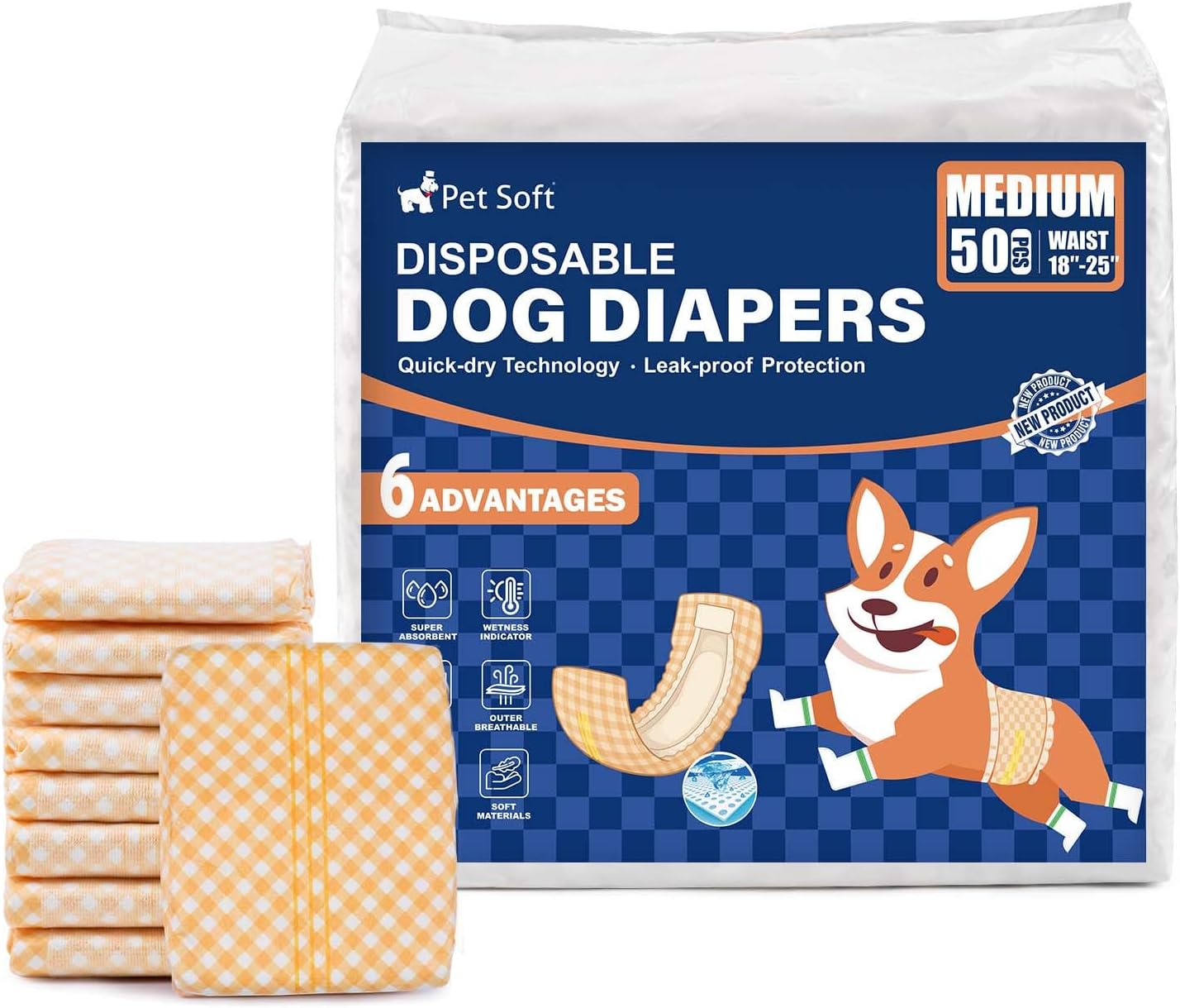 Pet Soft Male Dog Wraps - Disposable Dog Dipaers Male Wetness Indicator, Ultra Absorbent Puppy Diapers for Excitable Urination or Incontinence, 50pcs Small