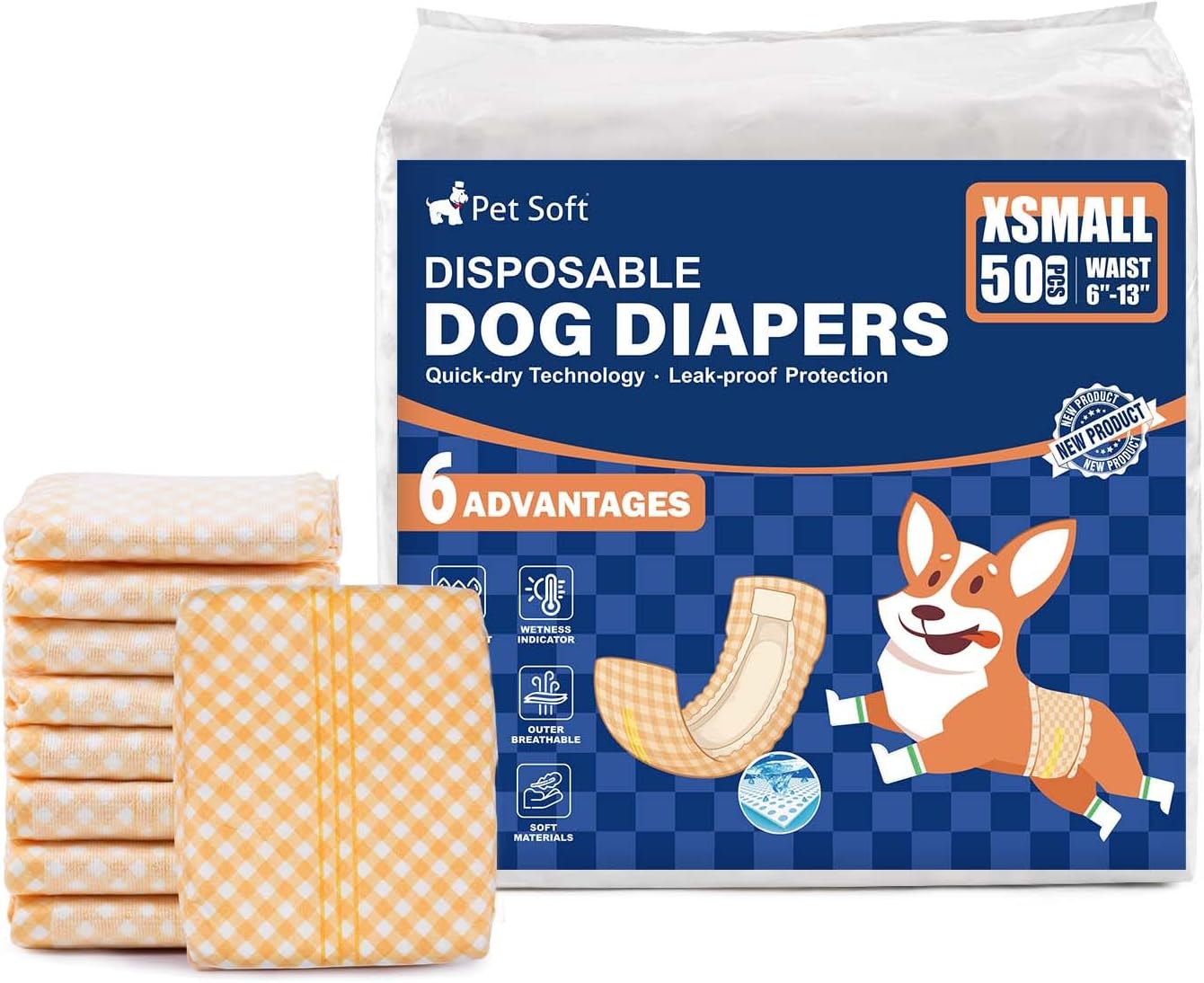 Pet Soft Male Dog Wraps - Disposable Dog Dipaers Male Wetness Indicator, Ultra Absorbent Puppy Diapers for Excitable Urination or Incontinence, 50pcs Small