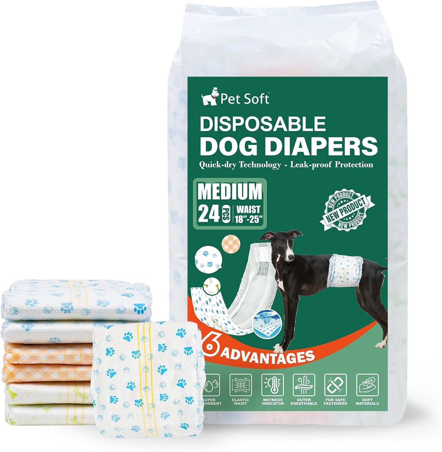 Pet Soft Disposable Dog Dipaers - Male Dog Wraps Wetness Indicator, Ultra Absorbent Puppy Diapers Male for Excitable Urination or Incontinence, 24pcs XSmall