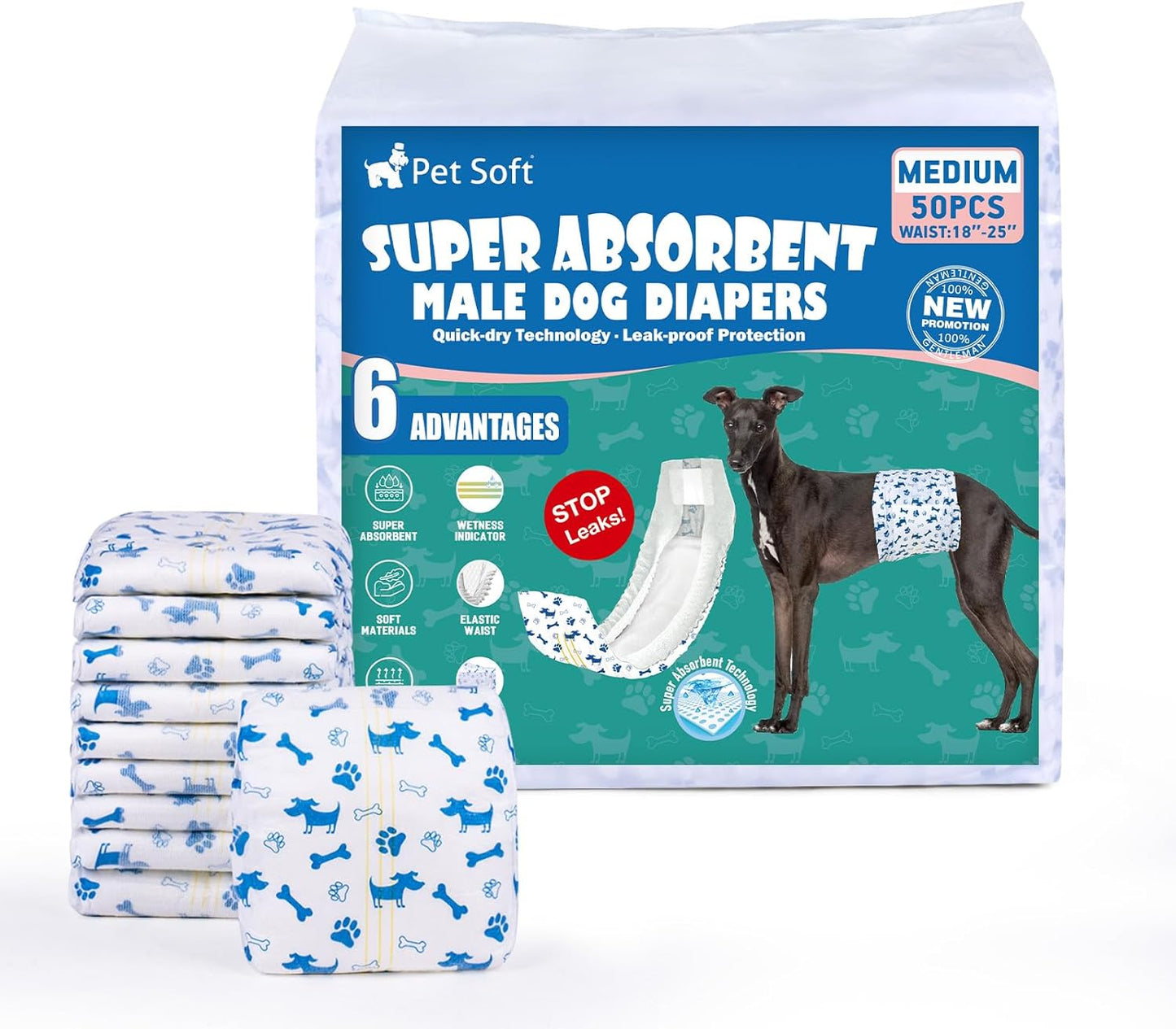 Pet Soft Male Dog Diapers - Disposable Male Dog Wraps Wetness Indicator, Puppy Diapers Male for Excitable Urination or Incontinence, 50pcs XSmall