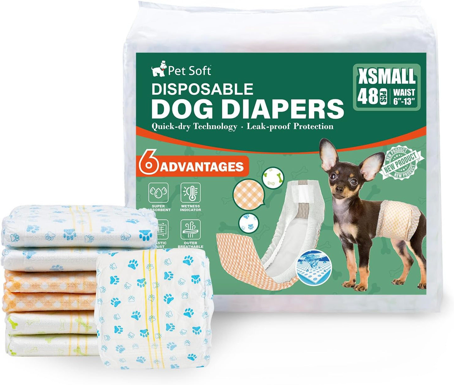 Pet Soft Disposable Dog Dipaers - Male Dog Wraps Wetness Indicator, Ultra Absorbent Puppy Diapers Male for Excitable Urination or Incontinence, 24pcs XSmall