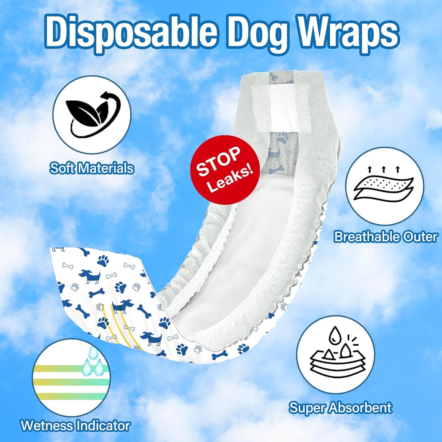 Pet Soft Male Dog Diapers - Disposable Male Dog Wraps Wetness Indicator, Puppy Diapers Male for Excitable Urination or Incontinence, 50pcs XSmall