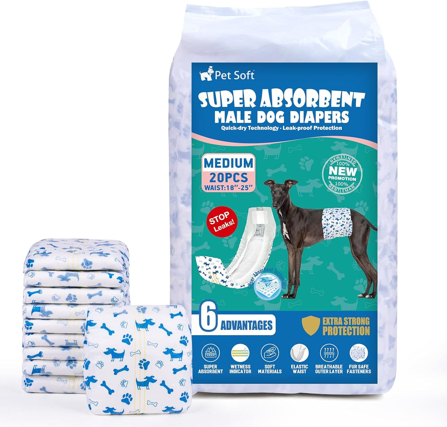 Pet Soft Male Dog Diapers - Disposable Male Dog Wraps Wetness Indicator, Puppy Diapers Male for Excitable Urination or Incontinence, 50pcs XSmall