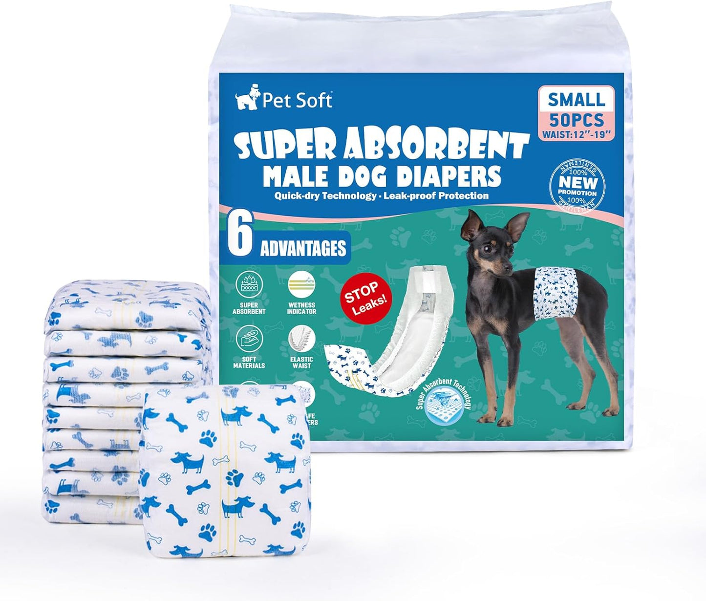 Pet Soft Male Dog Diapers - Disposable Male Dog Wraps Wetness Indicator, Puppy Diapers Male for Excitable Urination or Incontinence, 50pcs XSmall