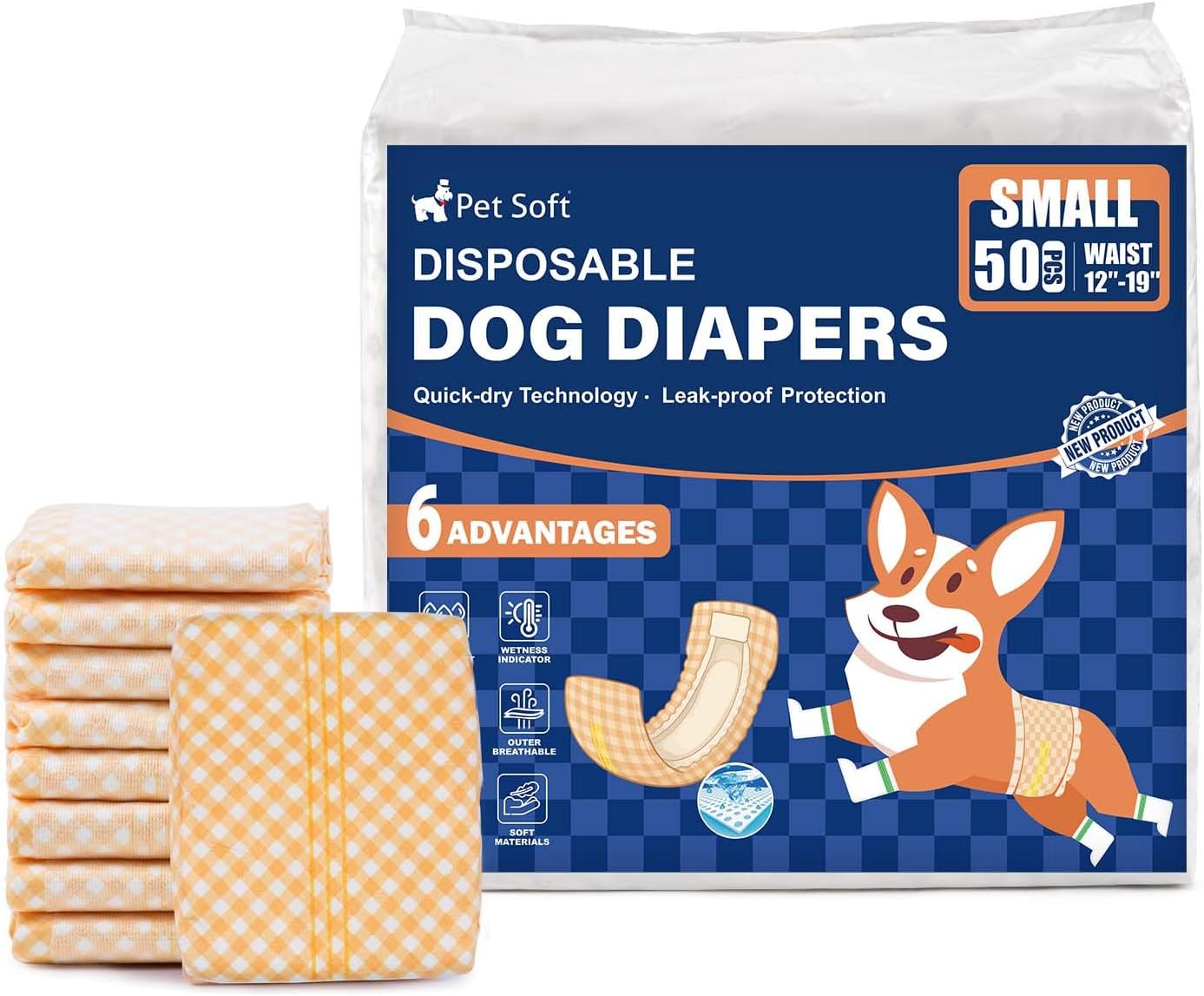 Pet Soft Male Dog Wraps - Disposable Dog Dipaers Male Wetness Indicator, Ultra Absorbent Puppy Diapers for Excitable Urination or Incontinence, 50pcs Small