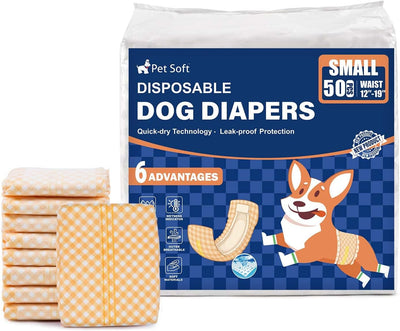 Pet Soft Male Dog Wraps - Disposable Dog Dipaers Male Wetness Indicator, Ultra Absorbent Puppy Diapers for Excitable Urination or Incontinence, 50pcs Small