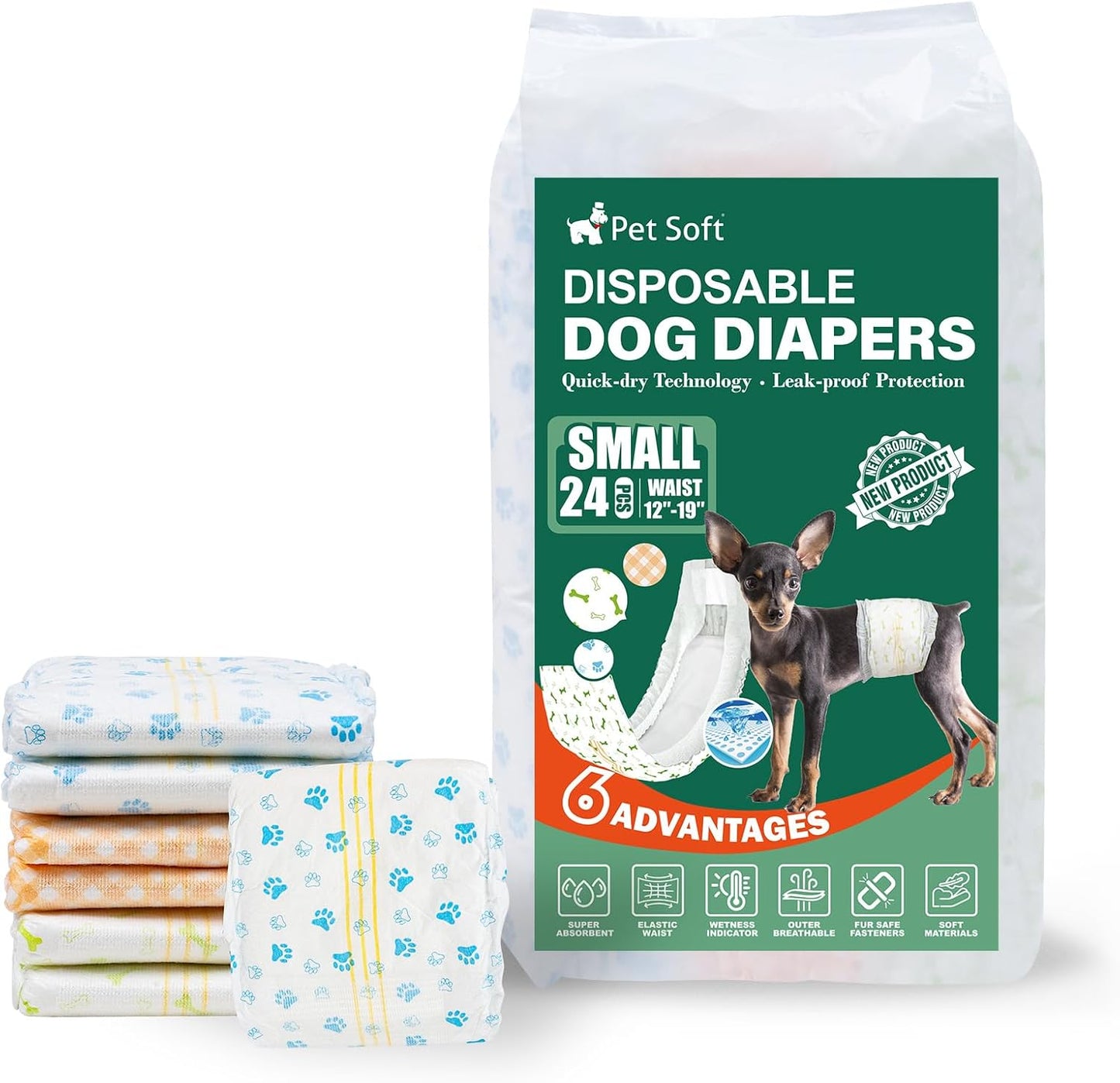 Pet Soft Disposable Dog Dipaers - Male Dog Wraps Wetness Indicator, Ultra Absorbent Puppy Diapers Male for Excitable Urination or Incontinence, 24pcs XSmall