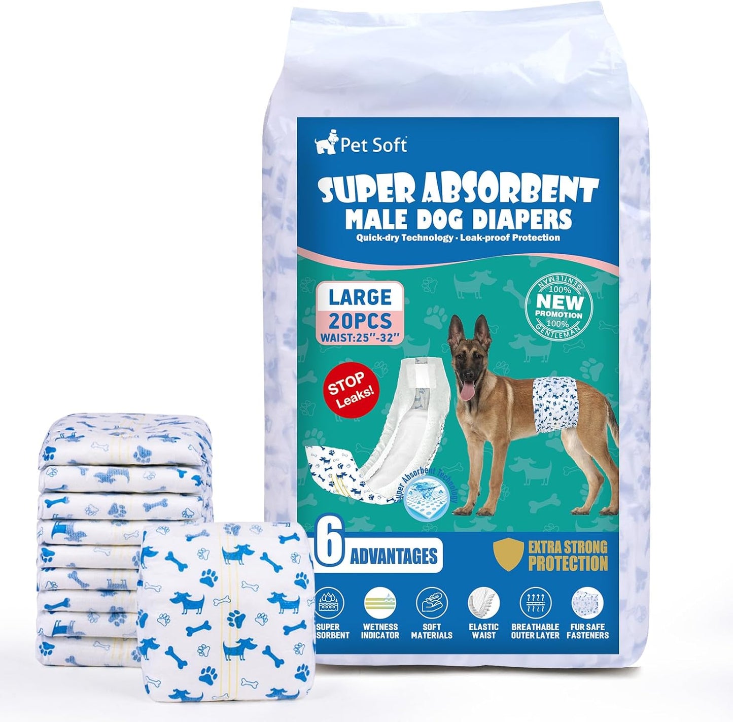 Pet Soft Male Dog Diapers - Disposable Male Dog Wraps Wetness Indicator, Puppy Diapers Male for Excitable Urination or Incontinence, 50pcs XSmall